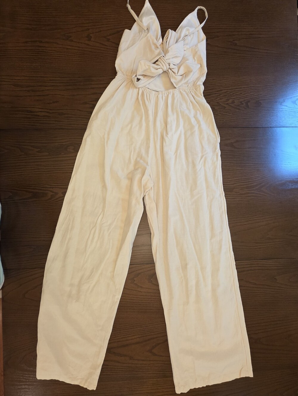 Japna Beige Linen Jumpsuit Wide-leg V-neck Boho-chic Resort Wear Costal Grandma - Picture 4 of 6